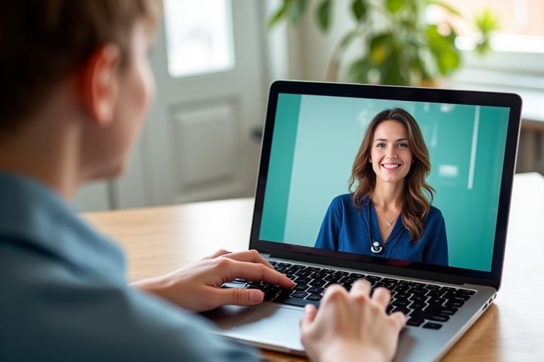 Eine Person bei einer Online-Wellness-Beratung am Laptop