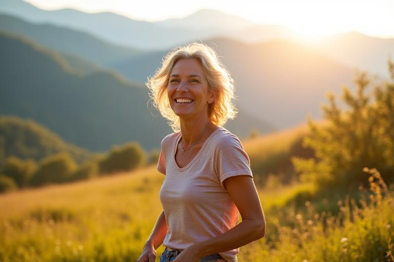 Eine vitale Frau über 40 genießt die Natur